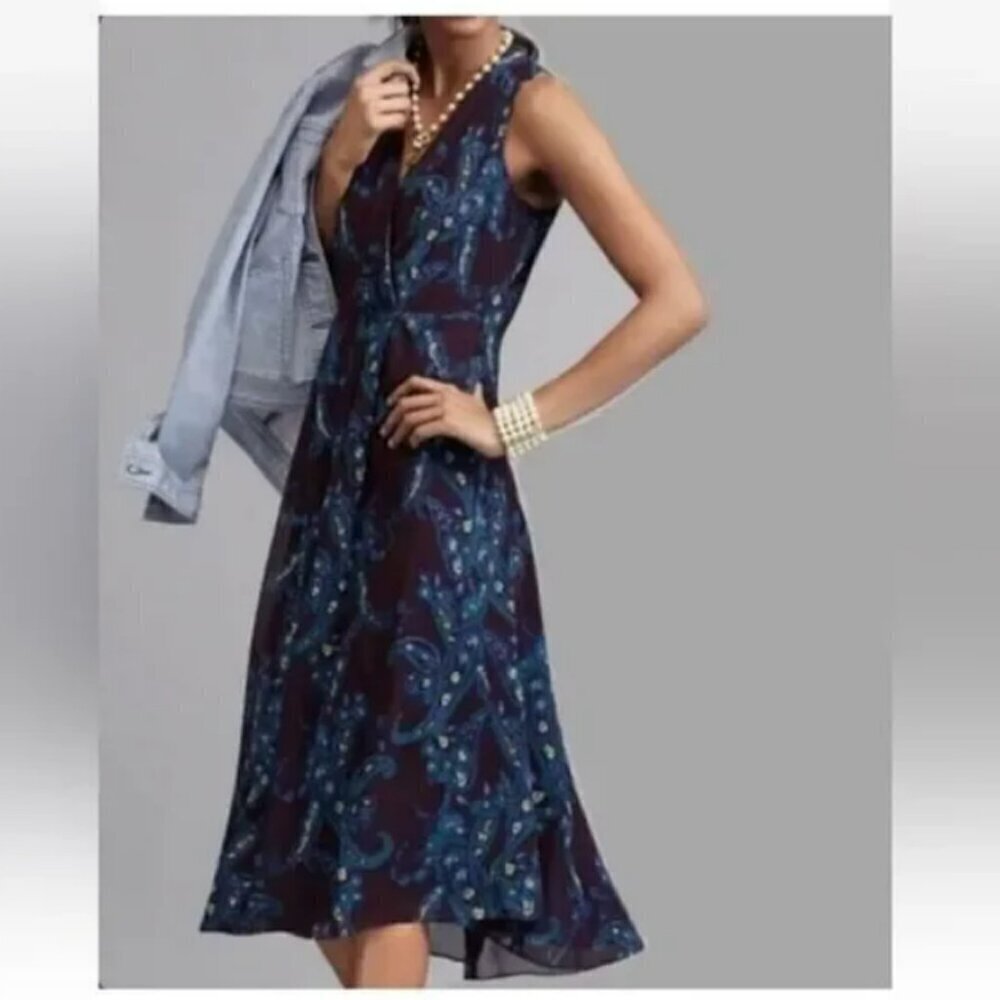 Cabi Treasure Paisley Crossover Style V Neck Midi Dress Style 3461